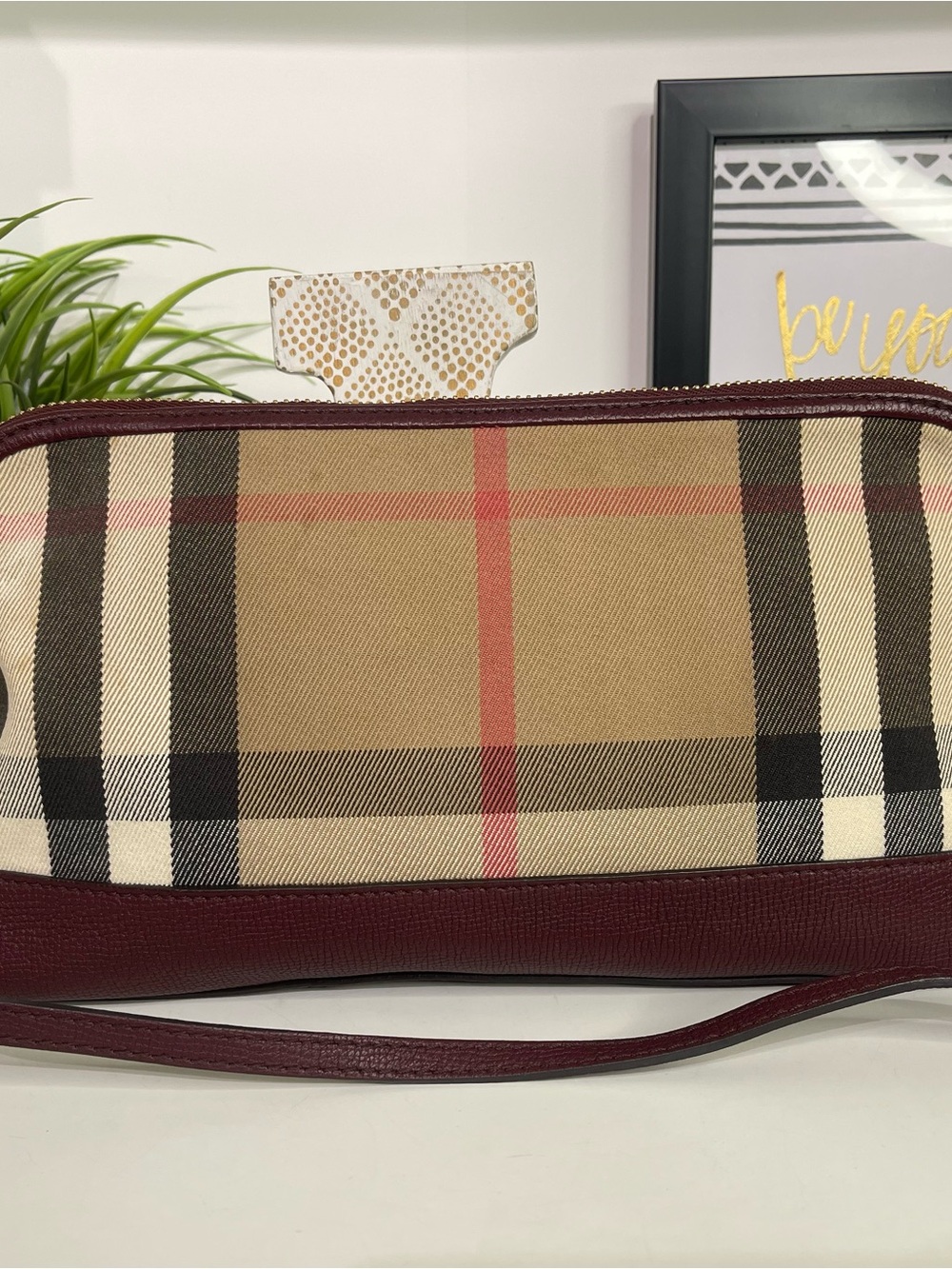 Burberry Classic Check Crossbody with Burgundy Trim